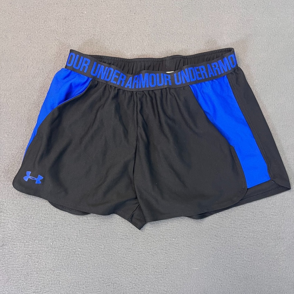Under Armour Womens Medium Loose Black Blue Colorblock Spellout Athletic Shorts